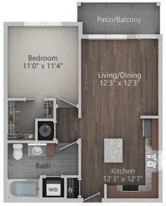 Floor plan for 1 bed, 1 bath, 664 sqft